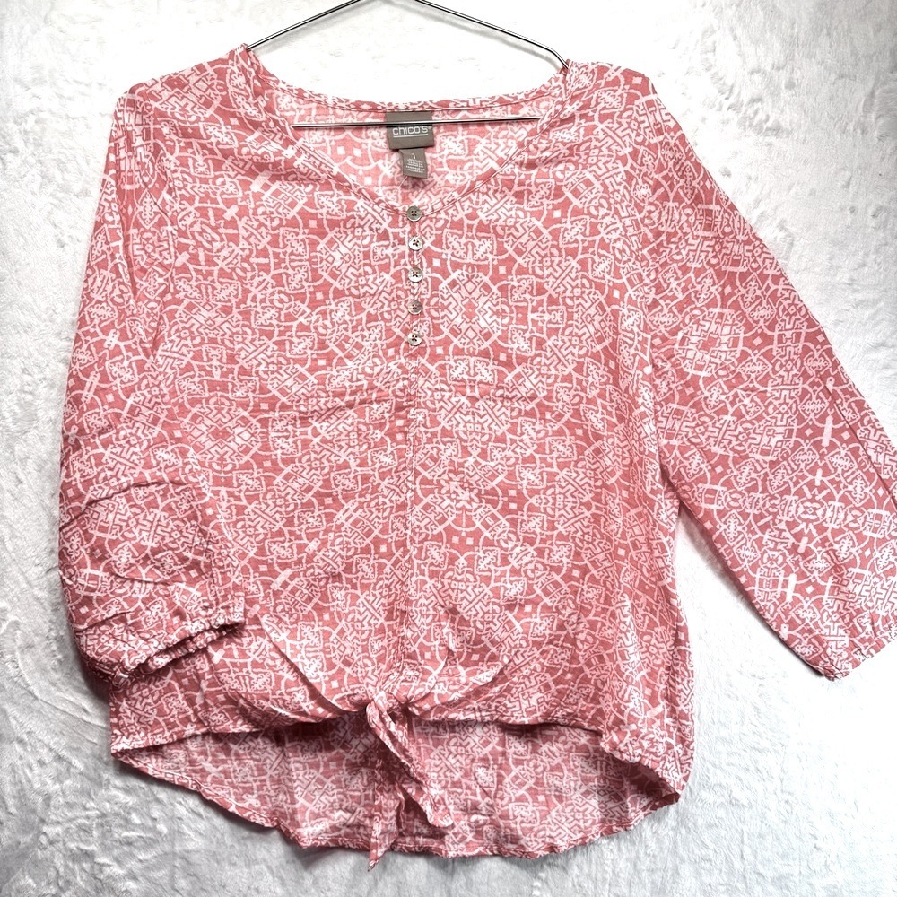 Chico’s Gauzy Tie Front 3/4 Sleeve Aztec Print Boho Popover Blouse in Watermelon - Picture 2 of 10